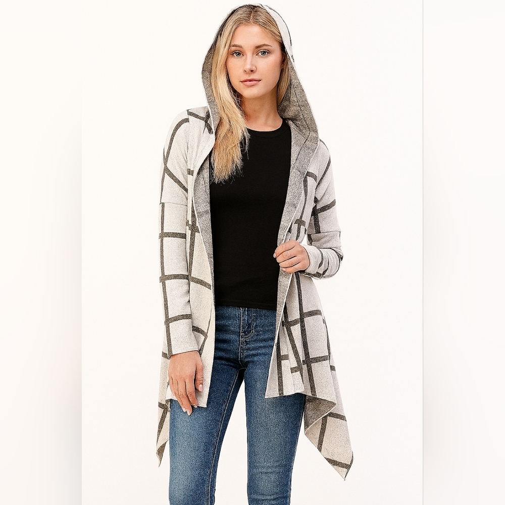 Geometric print fine knit hooded duster